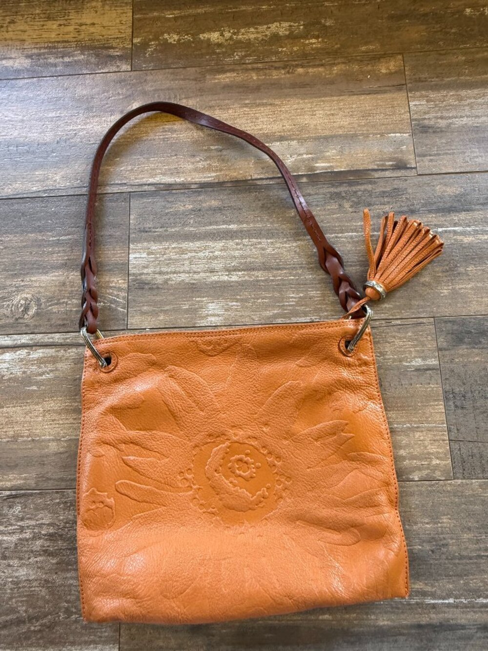 Brighton Piper Slim Embossed Leather Shoulder Purse Bag w Tassel, Orange and Tan